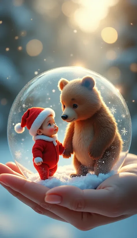  A bear and a very small baby wearing a red jumpsuit and Santa Claus hat,Inside the snowball in a womans hand create realistic Christmas images 