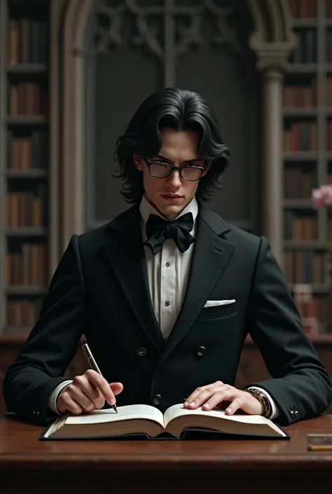 young man,  in dark Victorian style suit , long dark hair,  hairstyle with a stripe in the middle, glasses,  sitting at a desk in a Gothic style library, reading an elegant dark cover book 