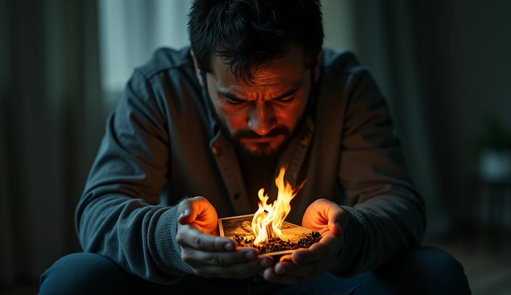 sad man holding a burning photo. 