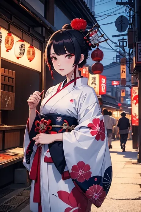 Japanese traditional dress, Katsushika Hokusai Style, (cyberpunk) (neon)