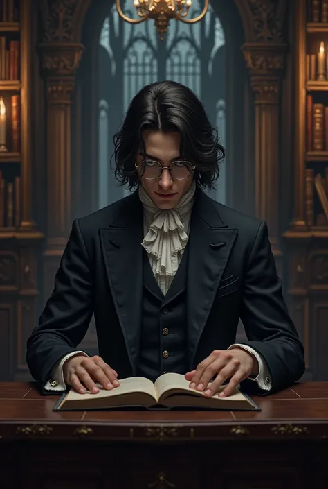 young man,  in dark Victorian style suit , shoulder-length and dark hair ,  hairstyle with a stripe in the middle, glasses,  sitting at a desk in a Gothic style library, reading an elegant dark cover book 