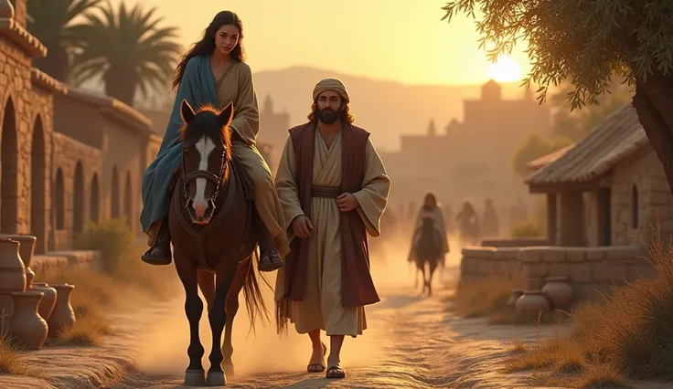 "An ancient Nazareth setting during biblical times, with a peaceful, rustic village backdrop of stone houses and olive trees. Mary, a young woman with olive-toned skin, long dark brown hair, and wearing a modest beige tunic with a blue shawl, seating on a ...