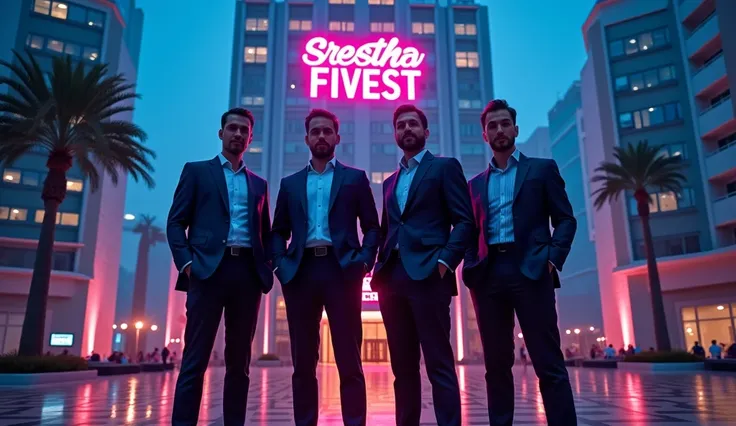 4 Men Standing wearing suit pant In front of a building, building name "Srestha Finvest" , Neon Glowing Effect , spelling must be correct which is written in comma, first alphabet of both letter should be in capital rest all and small