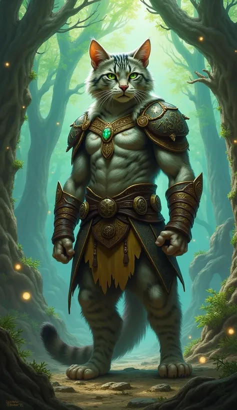 Create an illustration of a majestic, tall, and muscular adult cat standing proudly in a fantasy setting. The cat has striking emerald green eyes and a luxurious, thick coat with intricate patterns resembling mystical runes. It wears a finely crafted leath...