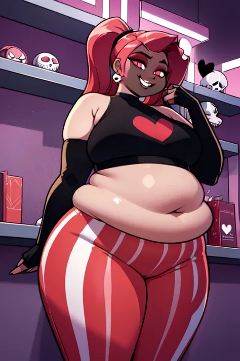 VelvetteHH(obese figure:1.5), dark eyeshadow, white pupils, red sclera, pink hair, two-tone hair, twintails, long hair, skull earrings, colored skin, dark skin, fangs, black jacket, (black crop top:1.4), (crop top with heart design), bare shoulders, finger...