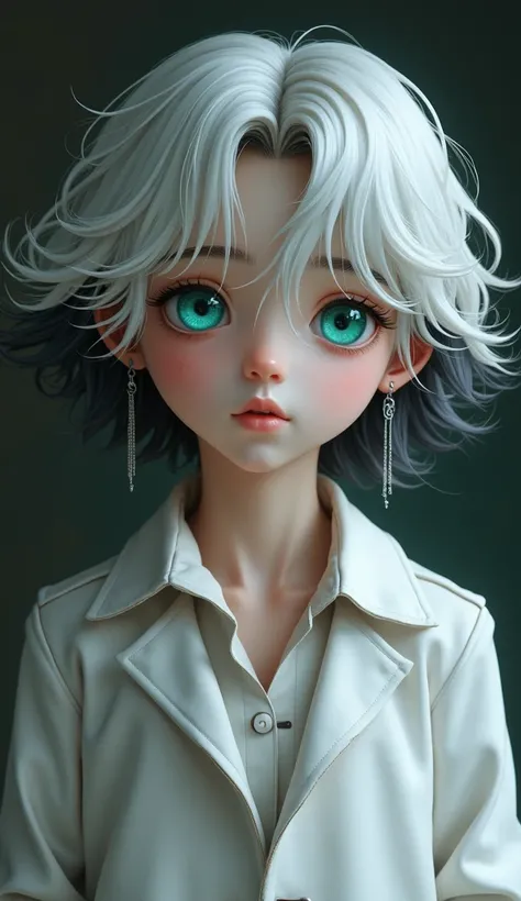 front view, realistic, a boy from , medium length Wave white hair with black hair at the end with Beautiful turquoise color eyes, silky hair, wears white Jacket , realistic, sad, silver earrings