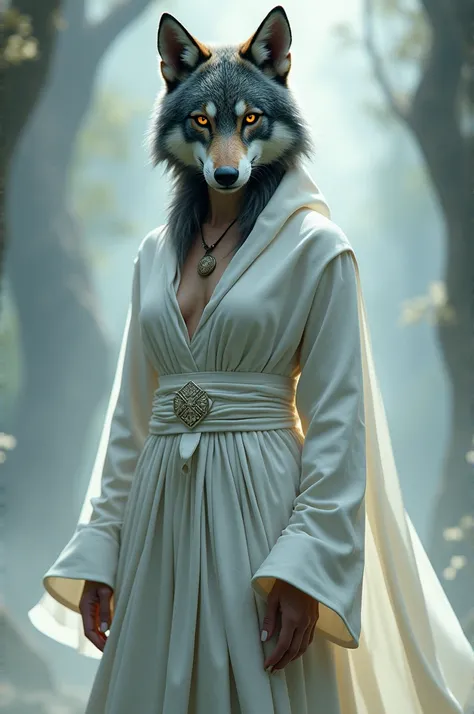 A wolf-headed woman dressed in white