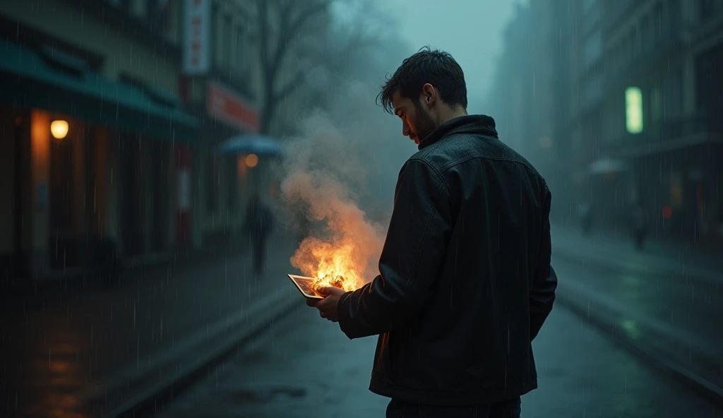 A man standing on the street in the rain, only his back is visible, holding a burning photo., the picture is dark. there is a smoke. 