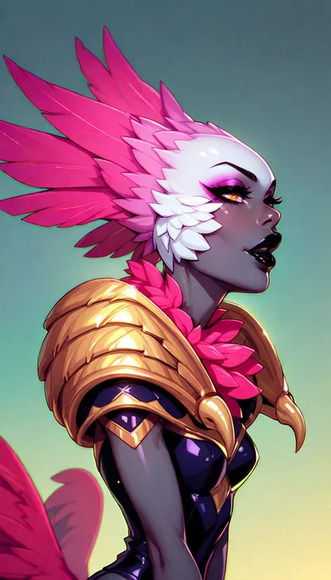 Seductive creature. Harpy Girl. Dark Makeup, Dark Lipstick. Black skin, Gills on Neck, Colorful Feathers. unhealthy appearance. dnd character.  dnd. Avian Armor, Harpy Armor. Eagle Legs. 