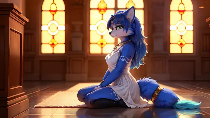 ((krystal)), Star Fox-Krystal, lovable, green eyes, ((( Long blue hair 1 .3))), Decollete, anthro, Fuzzy,  detailed Fluffys fell,  detailed face , (Fluffy),  1 girl, ,woman, Goth, green eyes, undercut, ultra-realistic 8k cg ,  masterpiece, (( ultra-detaile...