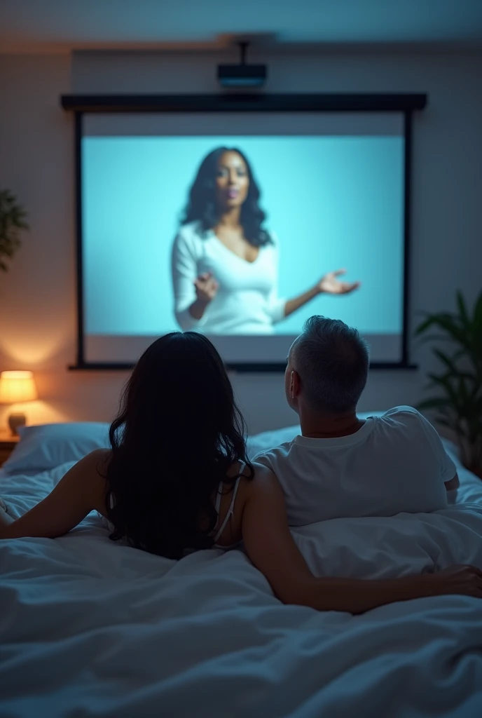  white woman with wavy black hair lying in bed with her husband looking like Dwayne Johnson with short gray hair, watching a movie of a white woman gospel singer ,  projected by a portable white smart projector that is placed behind the couple on the bedro...