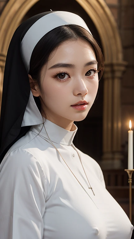  Masterpiece, Korean nun ,  dressed in a white habit, very sexy, Korean skinny face , large silver crucifix hanging around the neck.,  covered body , Beautiful face,  very white skin ,  shows under the habit her perfect curves and big breasts,  perfect eye...