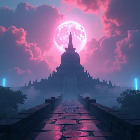 Borobudur surrounded by neon clouds and mystical lights