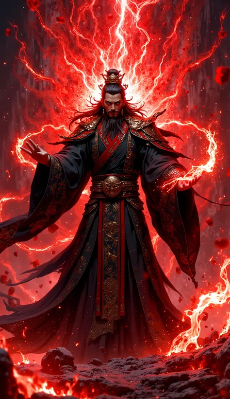 a most powerful handsome Old Chinese immortal cultivator very powerful red evil aura emanating around him so powerful that surrounding space is shattering because it cant bear this magnificent majestic aura of immortal cultivator, wearing black Taoist Robe...