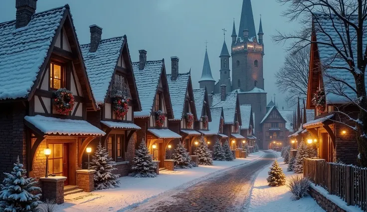 A medieval town at Christmas would be a charming and welcoming setting, even in the dead of winter. Snow-covered cobblestone streets, houses with blazing fireplaces, and simple ornaments made of pine branches would decorate the surroundings. The central sq...