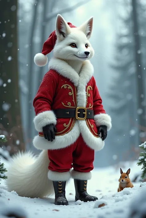 Mythical white fox man in Santa Claus costume