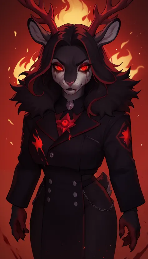 (zPDXL2), (PonyXLV6_Scores), rating_safety, Expressiveh, full body shot, BREAK
lhata4564, d3t41l3d, 
1girl, anthro, furry, female Rabbit, Black fur, antlers, glowing, glowing marks, blood ink, red ink makeup, (Crimson stars above), flames, pentagrams, 
