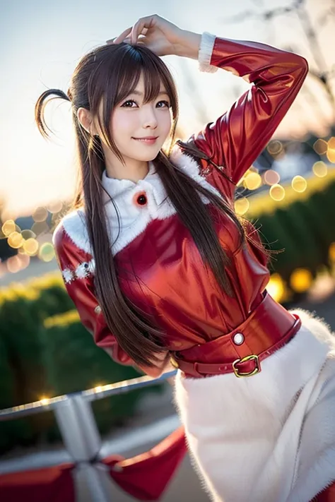 A Japanese model in a bright red Santa cosplay poses for a photo shoot、Bright red outfit、Santa Dress,  looking at camera、Detailed and beautiful eyes、 cute smile、 soft and gentle expression 、 Christmas tree in the background 