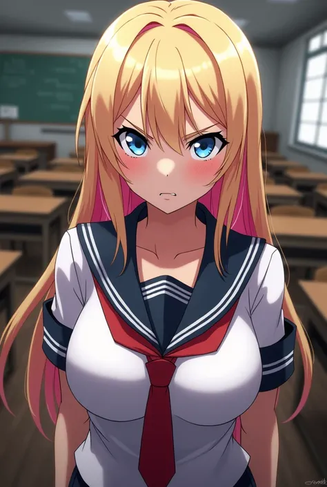 1girl, High Resolution, Long Hair, Looking at viewer, Strict, Angry glare,Blue eyes, Blonde hair pink highlights, Breasts, Anime,School uniform, Classroom background