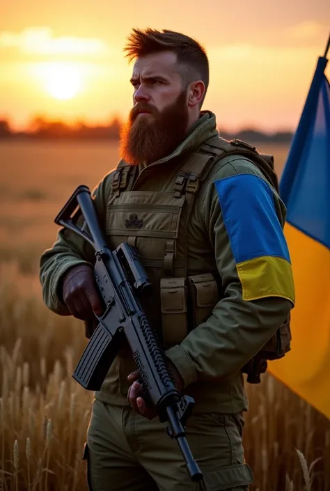 Ukrainian soldier ,  a full, not thick beard. he is wearing military clothes , bulletproof vest. machine gun in hand. on the shoulder of the chevron, the flag of Ukraine ,  he is standing in a wheat field at sunset, , next to him is the flag of Ukraine.