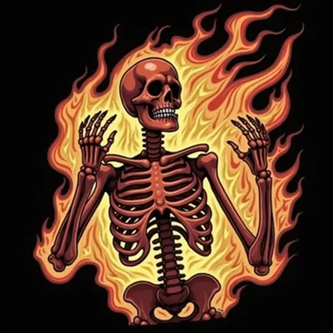 A stylized skeleton, engulfed in fiery orange and red flames, is depicted against a solid black background. The skeletons arms are outstretched, and its mouth is open in a wide, screaming expression.  The skeletons ribs and other skeletal features are clea...