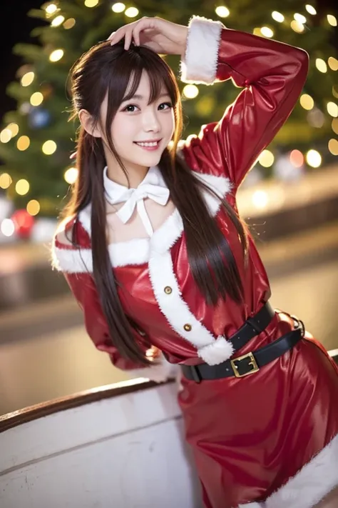 A Japanese model in a bright red Santa cosplay poses for a photo shoot、Bright red outfit、Santa Dress,  looking at camera、Detailed and beautiful eyes、 cute smile、 soft and gentle expression 、 Christmas tree in the background 