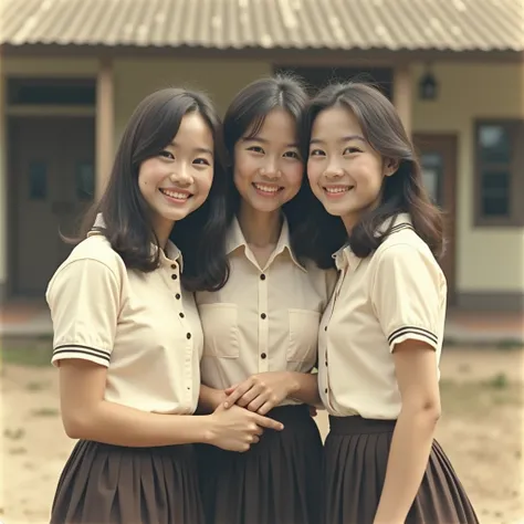 This is a retro photo. In 1965, three plain-looking  schoolgirls from Taiwan took a group photo on campus. They were wearing school uniforms and smiling happily, holding hands or leaning against each other. They were close friends. The background was in fr...