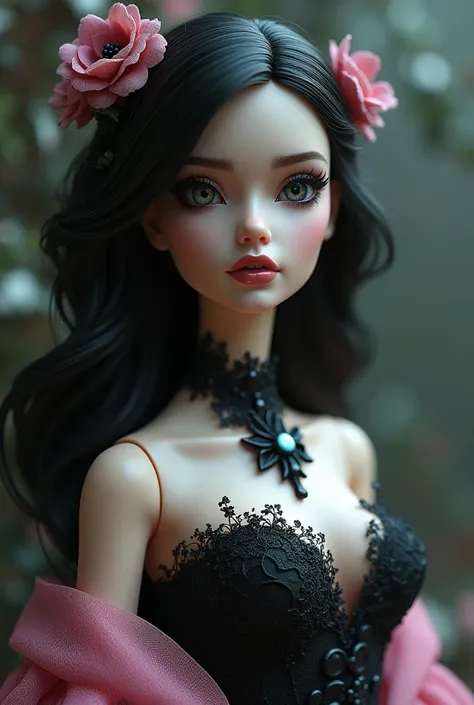  Micro Landscape ： Barbie Original beautiful woman close-up wearing black and white dress, Rendering 3D yang terinspirasi Ray Caesar (Ray Caesar),  Polycount competition winner , Gothic Art ,  Pink Barbie Costume ,Beautiful woman Gothic woman , Gaya seni a...