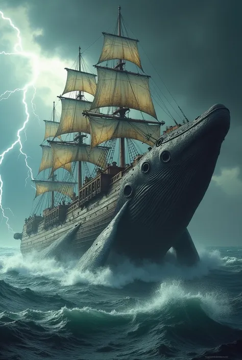 A fantastical hybrid creature blending the colossal form of a whale with the structure of a ship. The upper part of the creature resembles a grand, old-world sailing ship with masts, rigging, and weathered sails seamlessly integrated into the whales back. ...