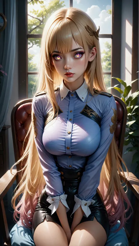 (masterpiece, aesthetic, detailed eyes, realistic), 1girl, mahiru shiina, angel next door spoils me rotten, Long smooth straight golden hair, purple to golden gradient eyes,large bust, large hips, slim waist,sitting in chair in uniform, super detail, best ...