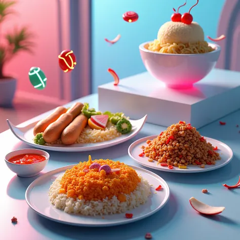 Create visuals of traditional foods like fried rice, satay, rendang, or gado-gado with a futuristic look (e.g. modern plating, neon colours, or 3D shapes).