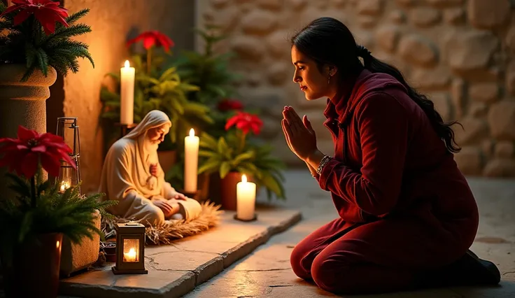 Kneeling Before the Nativity Scene:
A 28-year-old Muna woman kneels on the stone floor in front of a nativity scene near the altar. Her hands are pressed together in prayer, and she gazes at the baby Jesus with reverence and hope. The nativity is illuminat...