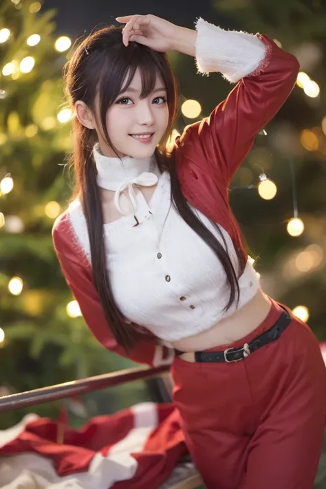 A Japanese model in a bright red Santa cosplay poses for a photo shoot、Bright red outfit、Santa Dress,  looking at camera、Detailed and beautiful eyes、 cute smile、 soft and gentle expression 、 Christmas tree in the background 