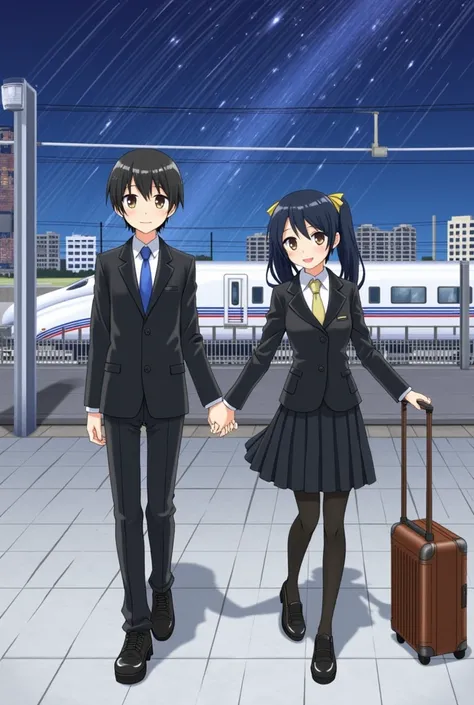 Two Japanese people、 black hair、 Twin Tails 、smile、 big eyes、shiny black leather suit、 white shirt、 ties、 black skirt 、 black tights 、 shiny black platform sneakers、I have a small trunk、 Station Home 、優しいsmile、White Shinkansen with blue lines、Milky Way、Bui...