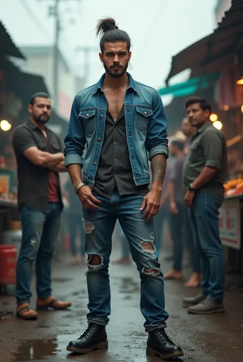 handsome man without a beard  ,  stocky haired model man bun ,  wearing a blue jeans jacket ,  long jeans of slimfit model torn motif and docmart shoes in black color , 
 Standing upright with hands while smoking a cigarette with his numerous colleagues, b...