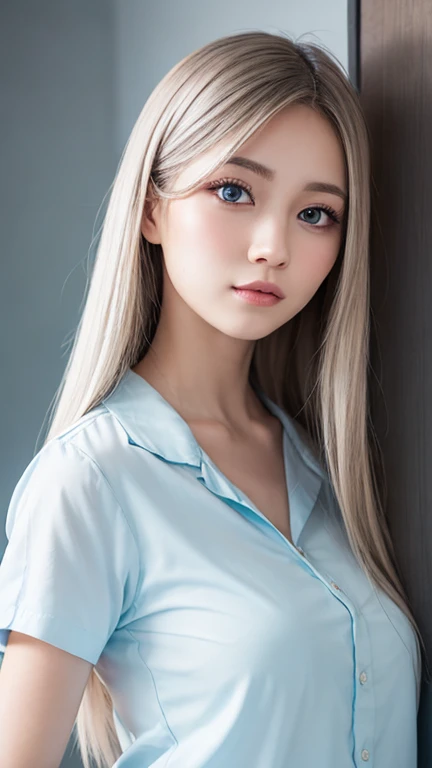  Unmatched Beauty , Smooth Firm Glossy Skin , 眼睛之間的劉海,  Shiny Pencil Straight Beautiful Platinum Hair , Extra Long Straight Silky Hair , Eyeliner, Sexy, beautiful and innocent ,   HD Big Big Beautiful Blue Eyes,  beautiful cute girl , [Little cute, short s...