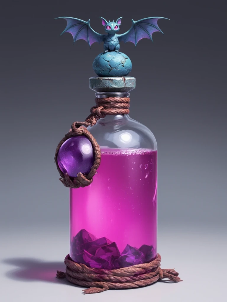 glass bottle with pink potion, ((pink potion)), oval long bottle, 
((long bottle)), on top is a blue-gray stone stopper with a figurine
of a stone bat with pink eyes, the bat figurine spread its wings,
the stopper and the bat are made of blue-gray stone,
p...