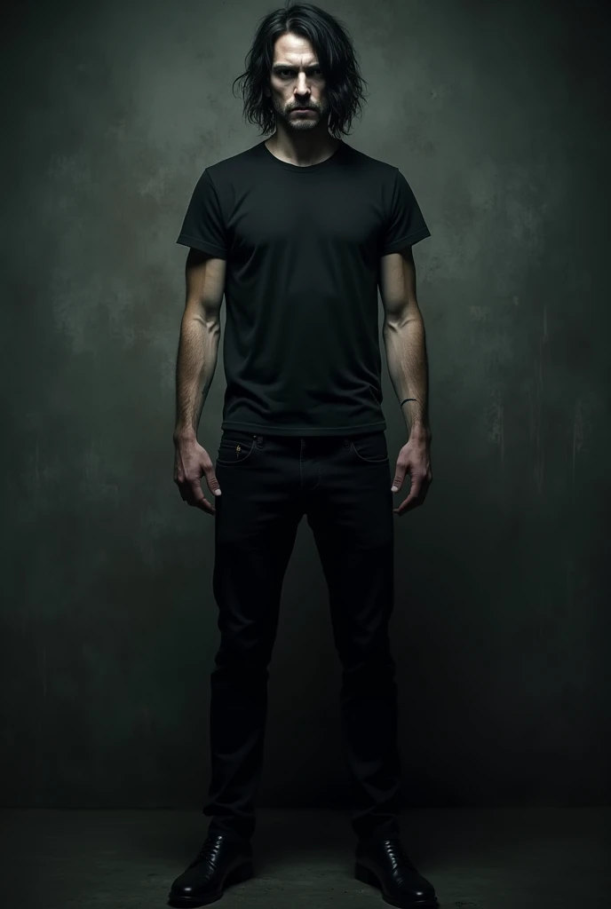 1 Ultra realistic serious Vampire man pale skin, gothic style, black hair half  above the shoulders, 1.75 meters tall, medium height, with black pants, black t-shirt, background a dark grunge wall, dark, foward photo , cinematic, Cannon EOS