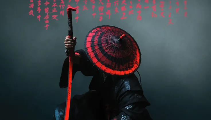  there is a man with a red hat and a red umbrella,  very beautiful cyberpunk samurai , cyberpunk samurai, portrait of a Cyberpunk Samurai, Cyberpunk Geisha, Japanese warrior, Neon Samurai, Cyborg samurai , Samurai-Stil, inspired by Kanō Sanraku, Inspired b...