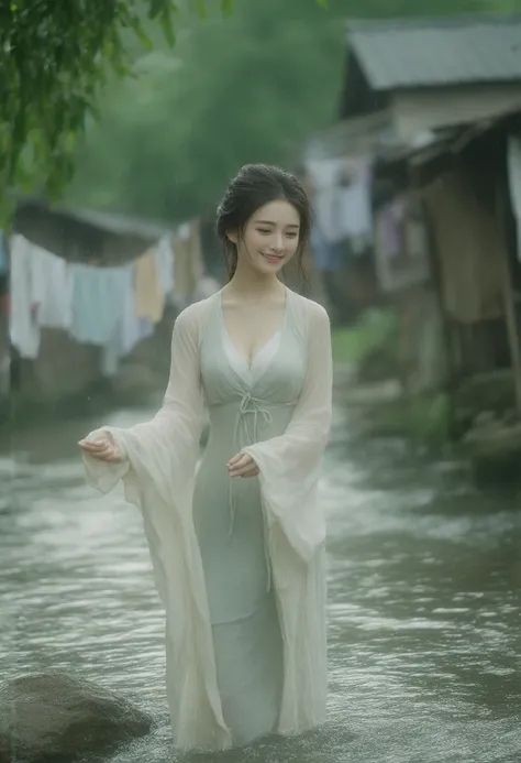  Beautiful woman in the village washing clothes in the river during the rain using a draped cloth, smiling sweetly 