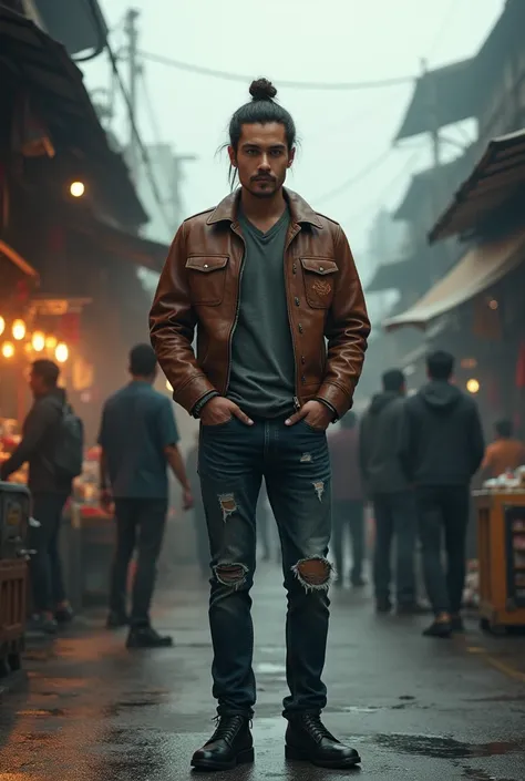 Handsome Asian guy  ,  stocky haired model man bun ,  wears brown leather jacket,  long jeans of slimfit model torn motif and docmart shoes in black color , 
 Standing upright with hands while smoking a cigarette with his numerous colleagues, background of...