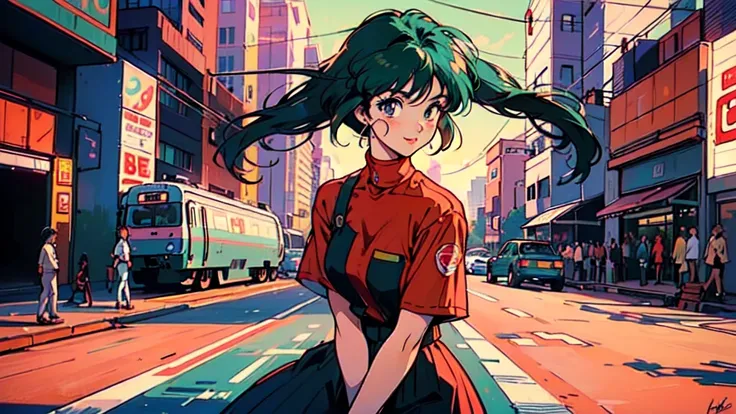 (huge breasts, sagging breasts),(80s, retro, city pop poster:1.5), (album cover), (masterpiece, best quality, intricate detail), (anime, illustration), (pastel colors:1.3), best photo pose,  Hatsune Miku , iconic blue-green twin-tails with signature hair a...