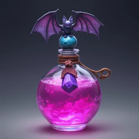 glass bottle with pink potion, ((pink potion)), oval long bottle, 
((long bottle)), on top is a blue-gray stone stopper with a figurine
of a stone bat with pink eyes, the bat figurine spread its wings,
the stopper and the bat are made of blue-gray stone,
p...