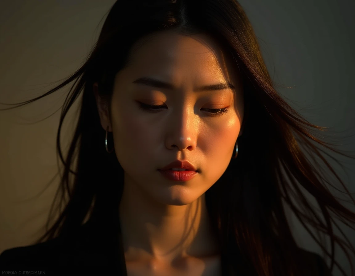 The image features a woman with distinctly Asian features, captured in a close-up portrait style. She is cast in a dramatic interplay of light and shadow, with a stark contrast created by a rich, golden hue illuminating her face and a deep shadow envelopin...