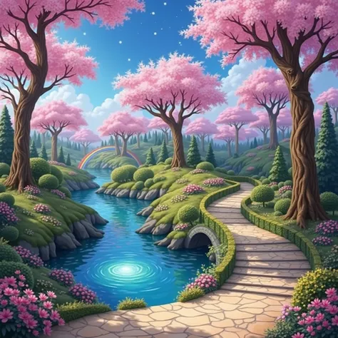 The cherry blossom carpet 、Fantastic - Painting Style Waterfall Soft  painting style  Brightly colored Bright light a wonderful heavenly garden, rainbow reflected on a splendid river valley of eden sea a wonderful valley,Asahi, river, Rose,Clear water, Bea...