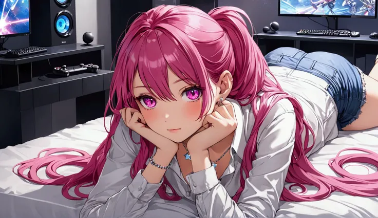 A girl, super long hair,  ponytail hairstyle, fuchsia eyes,  pink highlights , camisa blanca, shorts blue jean,  lying on a bed,  gamer room , star-shaped silver necklace, hands under chin