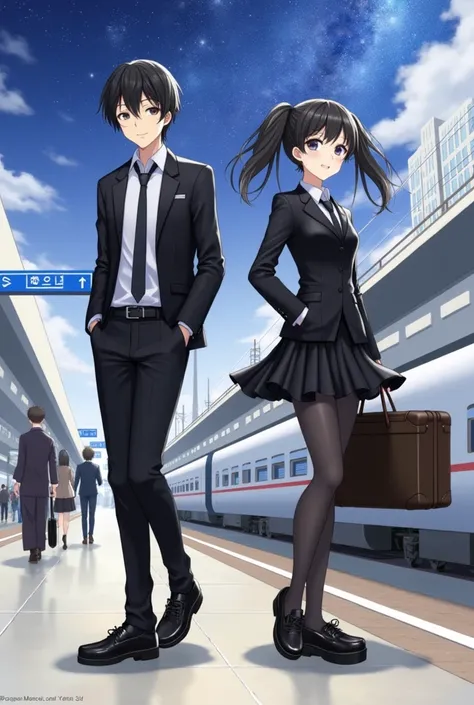 Two Japanese people、 black hair、 Twin Tails 、smile、 big eyes、shiny black leather suit、 white shirt、 ties、 black skirt 、 black tights 、 shiny black platform sneakers、I have a small trunk、 Station Home 、優しいsmile、White Shinkansen with blue lines、Milky Way、Bui...