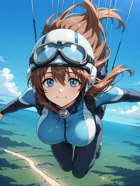 masterpiece, best quality, KanzakiAoi, 1girl, solo, long hair, brown hair, blue eyes, large breasts, smile, she is wearing goggles and a helmet, She carries a parachute on her back and wears goggles and a helmet to cover her eyes., she skydives and descend...