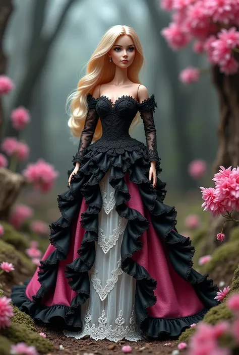  Micro Landscape ：a beautiful blonde woman plays the role of Barbie Original beautiful woman close-up who is wearing a black and white dress, Rendering 3D yang terinspirasi Ray Caesar (Ray Caesar),  Polycount competition winner , Gothic Art ,  Pink Barbie ...