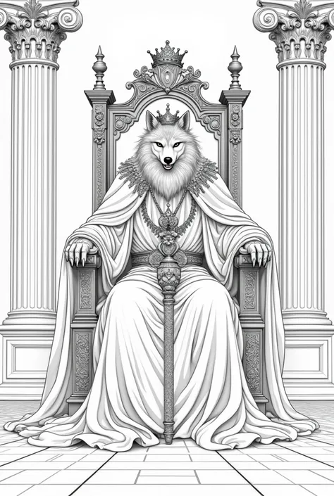  A realistic outline design in black with thick lines and a white background without shading,  of a werewolf king dressed in white with embroidered kings clothing ,  white face, using crown, seated on the richly decorated throne between two Greek columns ,...